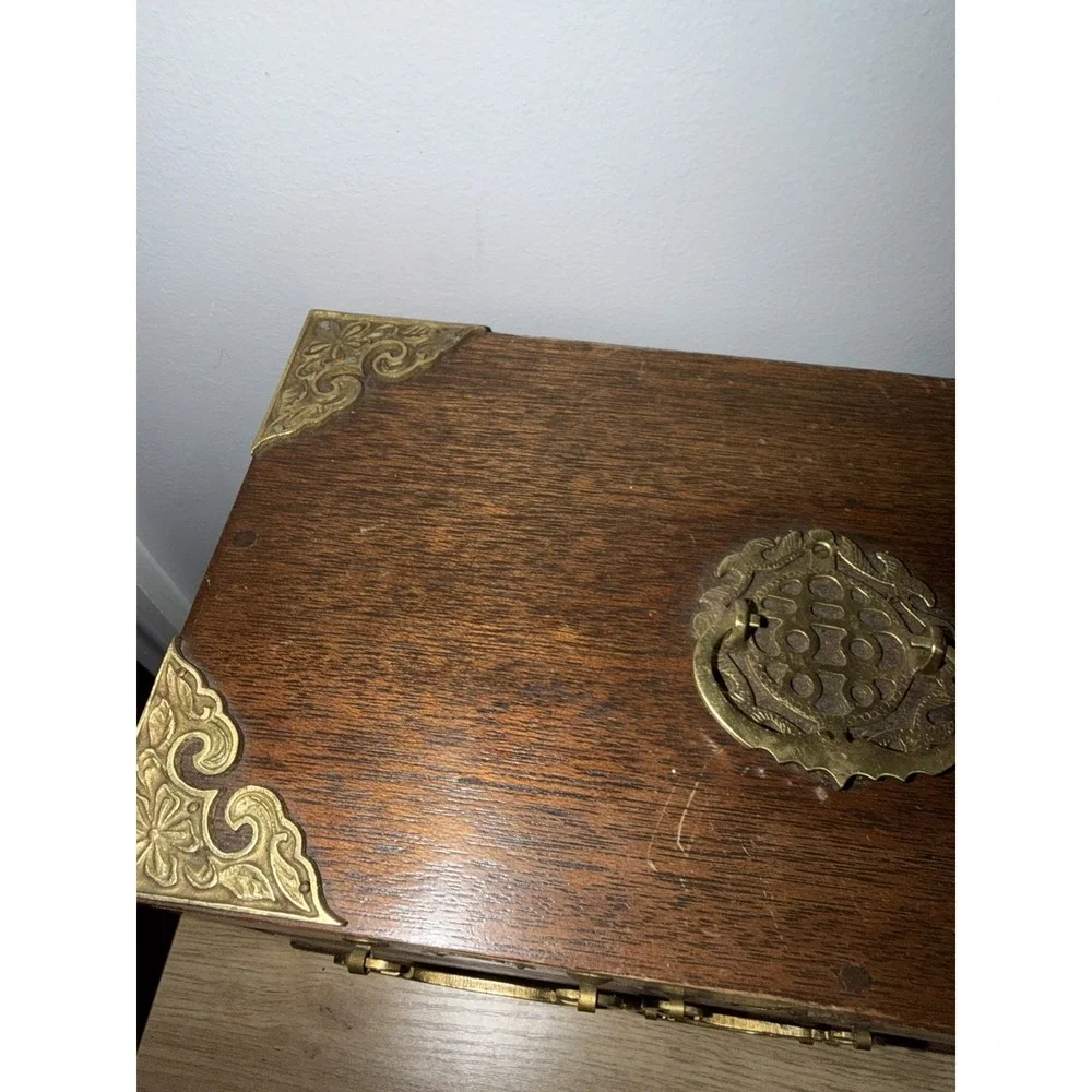 Vintage Brass Japan Tone Ornate Handles & Wood Jewelry Box Case Drawers